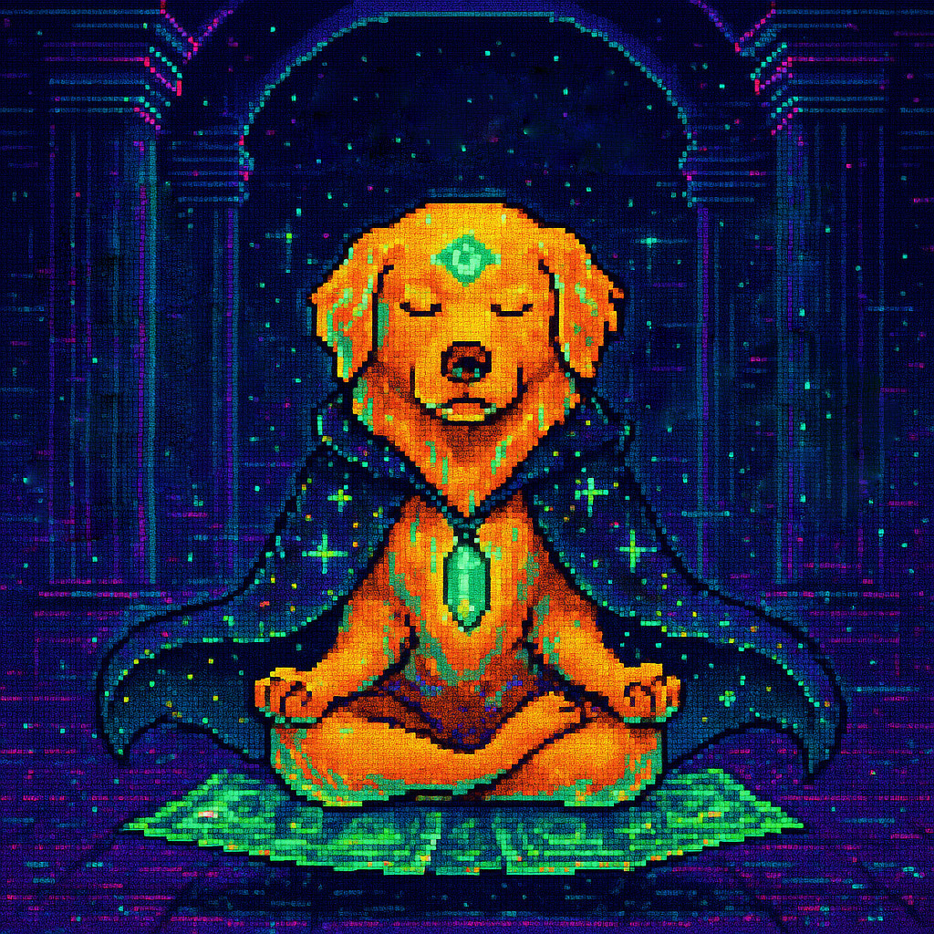 $LOAD - Law Of Attraction Dog: Golden Retriever in Meditation Pose with Glowing Third Eye Chakra, Pixel Art Style Meme Coin Mascot Representing Spiritual Abundance and Manifestation